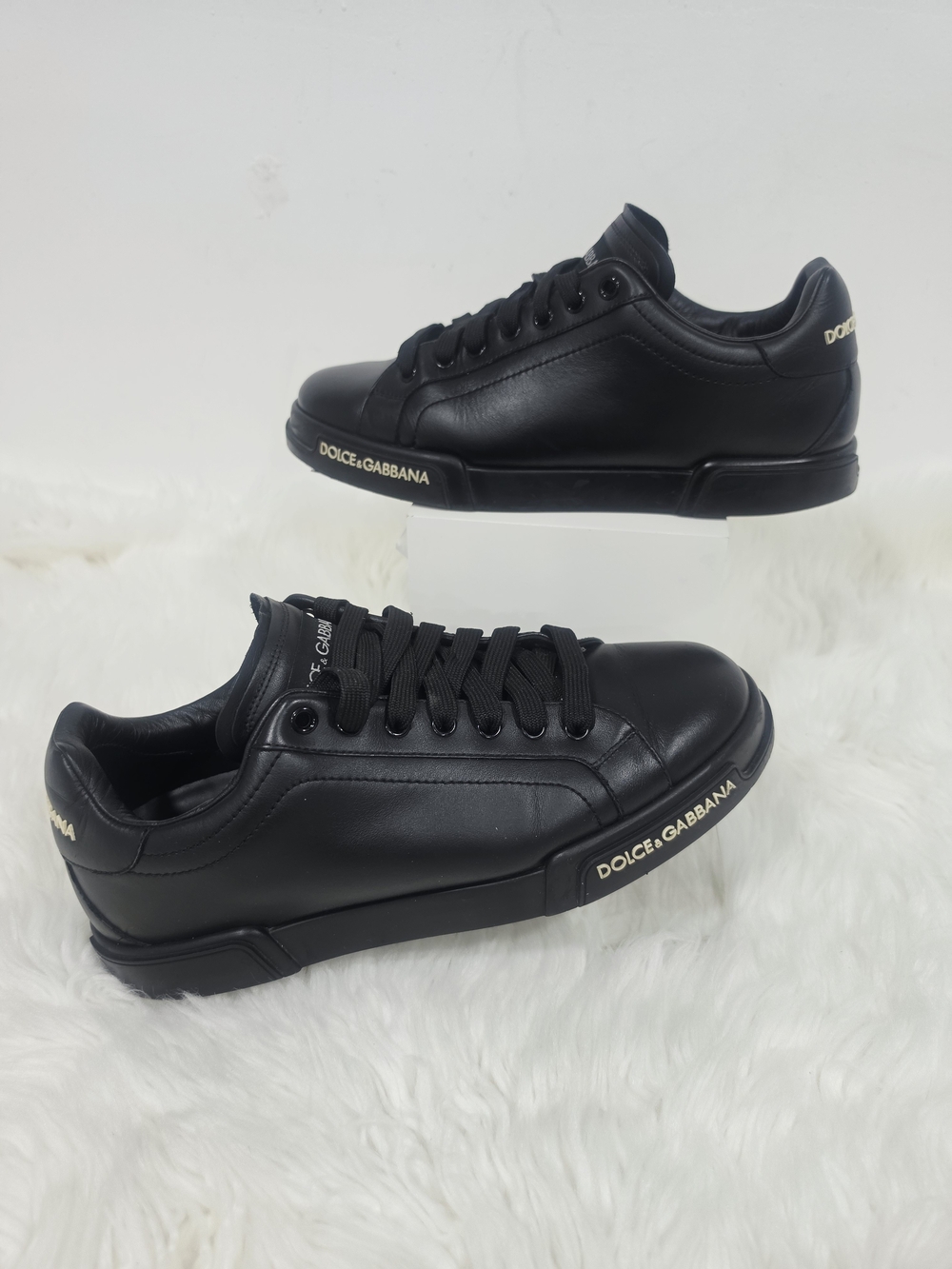 Dolce & Gabbana Men Black Leather Logo Low Top Sneakers Size 7 Made in Italy